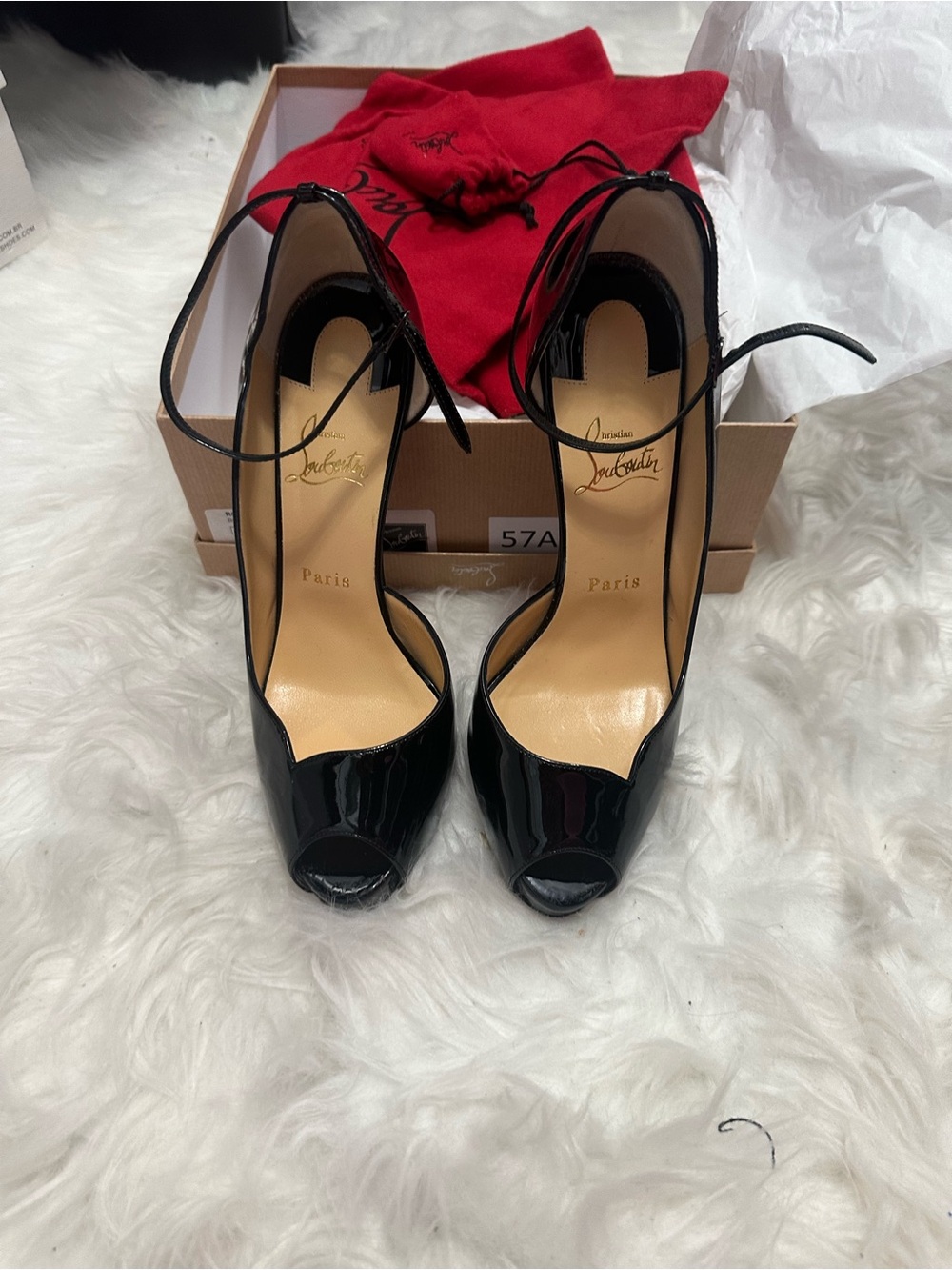Christian Louboutin Black Patent Leather Peep-Toe Ankle Tie Heels